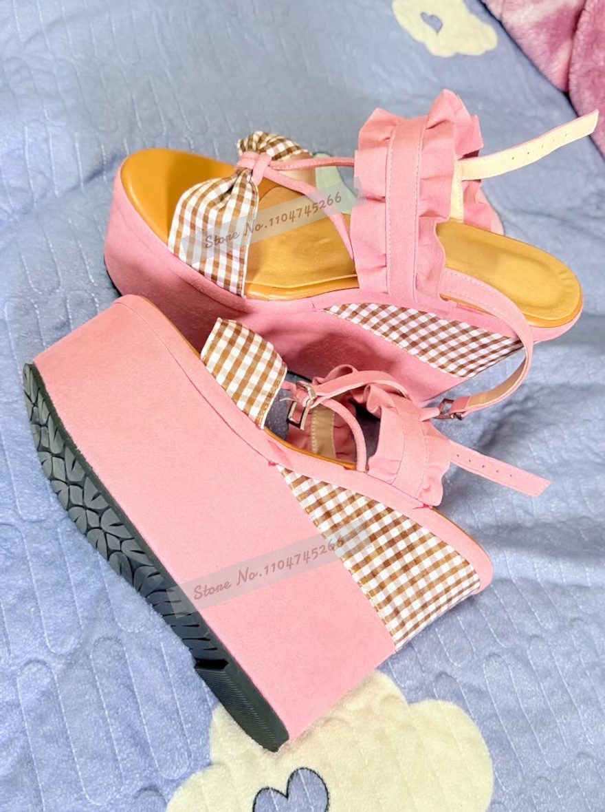 Women'S Shoes Y2K - Pembe Süet Kama Platform Sandaletler, Ekose
