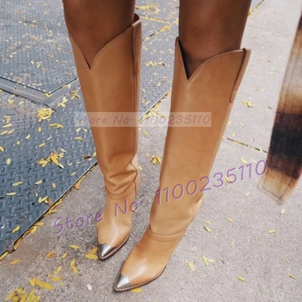 Women'S Shoes For Fall - Gümüş Metal Ayak Tan Diz Boyu